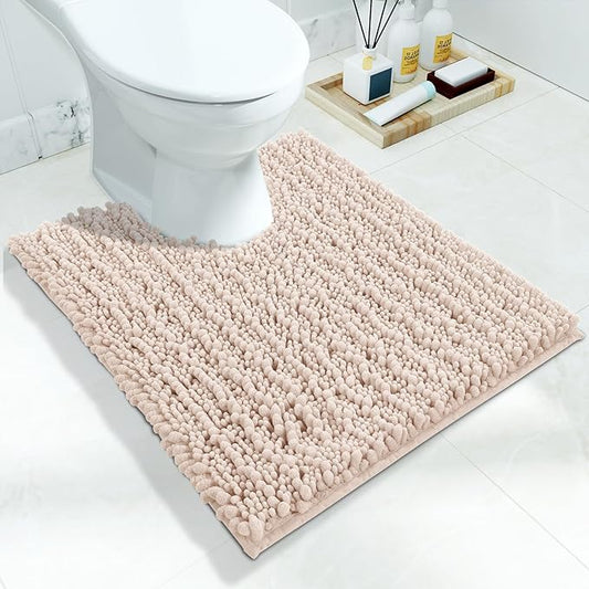 Yimobra Toilet Rug U Shaped Washable 24x20 Inch - Ultra Soft Absorbent Chenille Bath Rugs for Toilet, Quick Dry & Machine Washable, Non Slip Contour Bathroom Mat, Pinkish Beige