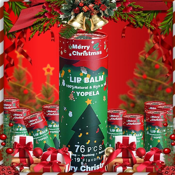 Yopela 76 Pack Christmas Natural Lip Balm Bulk with Vitamin E and Coconut Oil Lip Care Set - Moisturizing, Soothing, and Repairing Dry and Chapped Lips - 19 Flavors - Non-GMO