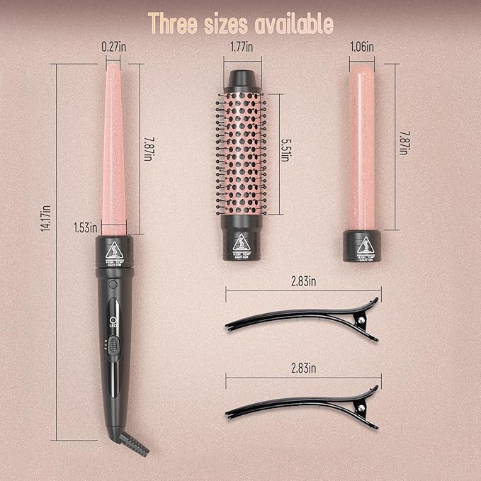 3-in-1 Curling Iron Set with Curling Brush, 3 Interchangeable Ceramic Curling Irons (0.5 "-1.5"), Dual Voltage 30 Second Rapid Heating, Heat-Resistant Gloves and 2 Clips