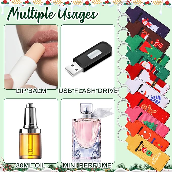 50 Pcs Christmas Lip Balm Holders Bulk Christmas Lipstick Lip Gloss Holder Keychain Xmas Stocking Stuffers Gift Women