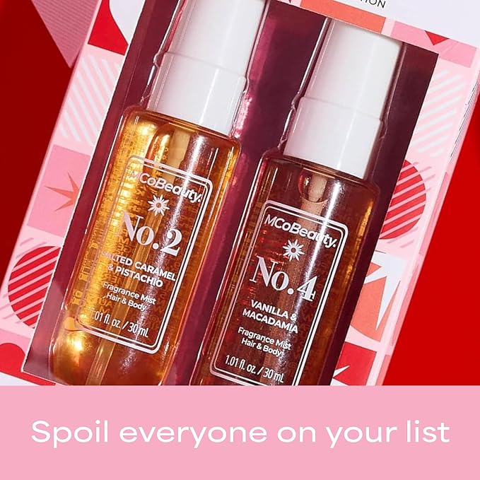 MCoBeauty - Mini Fragrance Mist Duo, No. 2 & No. 4, Limited Edition Travel-Size Body & Hair Perfume Sprays with Pistachio & Caramel Notes, Holiday Collection, Cruelty Free Fragrance Gift Set