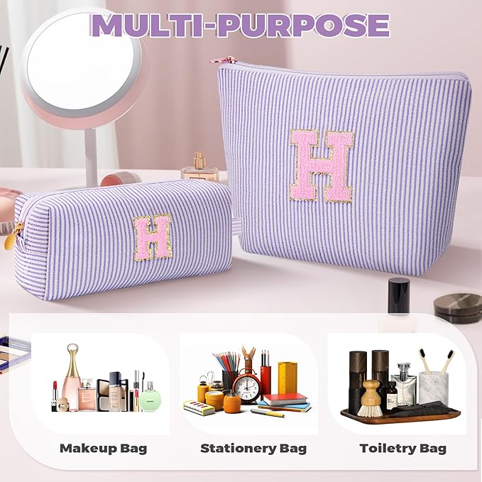 Monogrammed Gifts for Women - Cosmetic Bag for Teen,Initial Cute Makeup Bag Set for Women,Trendy Pouch for Niece Sister Friend Female Her,Birthday Gifts for Daughter - Lavender,H
