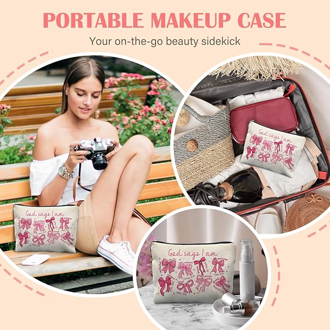 God Says I am Christian Makeup Bag for Women, Christian Gifts for Women Faith, Jesus Coquette Pink Bow Cosmetic Bag for Purse, Bible Verse Makeup Zipper Pouch