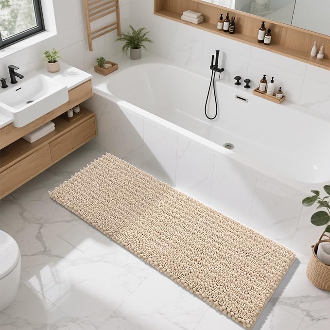 Yimobra Bathroom Runner Rug 60x24 Inch - Extra Long Non Slip Chenille Bath Mat, Soft & Absorbent, Machine Washable Shaggy Hallway Carpet for Vanity Tub Shower, Light Brown Home Decor Accessories
