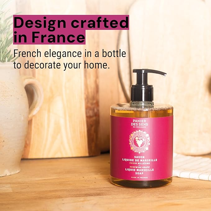 Panier des Sens - Moisturizing Hand Soap - Grape Fragrance - French Traditional Savon de Marseille Soap with Coconut Oil - Refillable Kitchen & Bathroom Soap - 16.9 Fl.oz Liquid Hand Wash 97% Natural