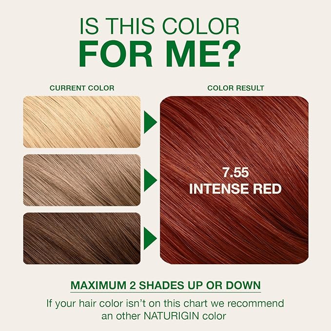 Naturigin Permanent Hair Color, 7.55 Intense Red, Ammonia Free, 100% Gray Coverage, Nourishing Natural Formula, For All Hair Types, Long-Lasting, Vegan & Cruelty-Free, 1 Pack