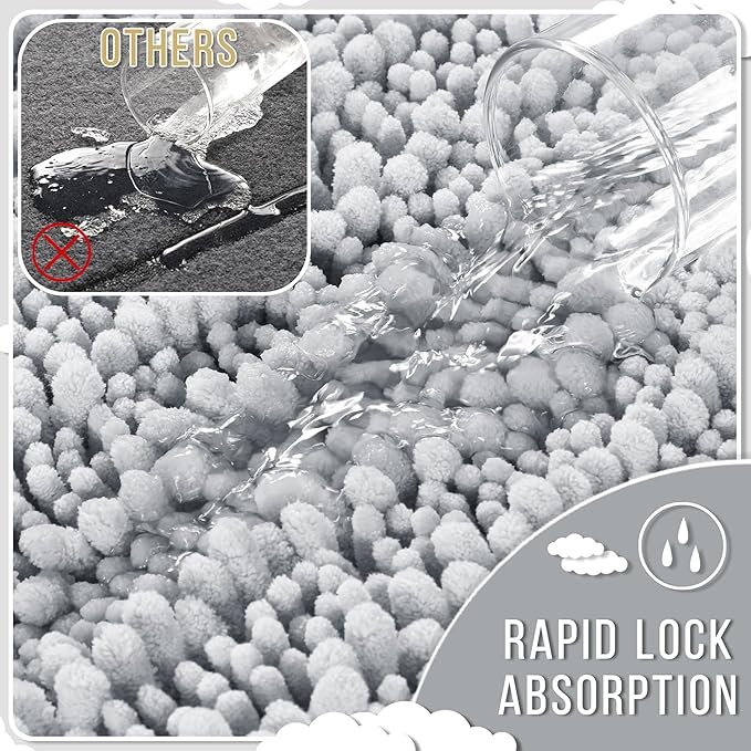 Yimobra Bathroom Rugs Non Slip Washable - Ultra Soft Absorbent Chenille Bath Mat, Quick Dry Shaggy Floor Carpet for Tub Shower, Silver Home Decor Accessories, 24x17 Inch