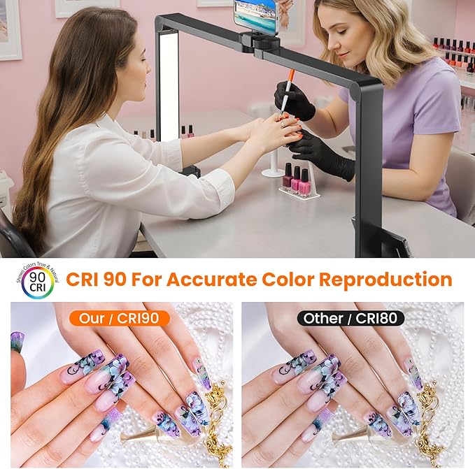 Nail Light for Desk,34 Inch 48W Half Moon Light-Adjustable 3000K-6000K Color Temp, 0-100% Brightness,Nails lamp with Phone Stand,for Nails Art,Tattoo,Eyebrow,Beauty,Reading,Salon