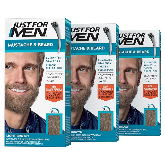 Just For Men Mustache & Beard, Beard Dye for Men with Brush Included, With Keratin Biotin Aloe and Coconut Oil for Healthy Facial Hair - Light Brown, M-25, Pack of 3 (Packaging May Vary)