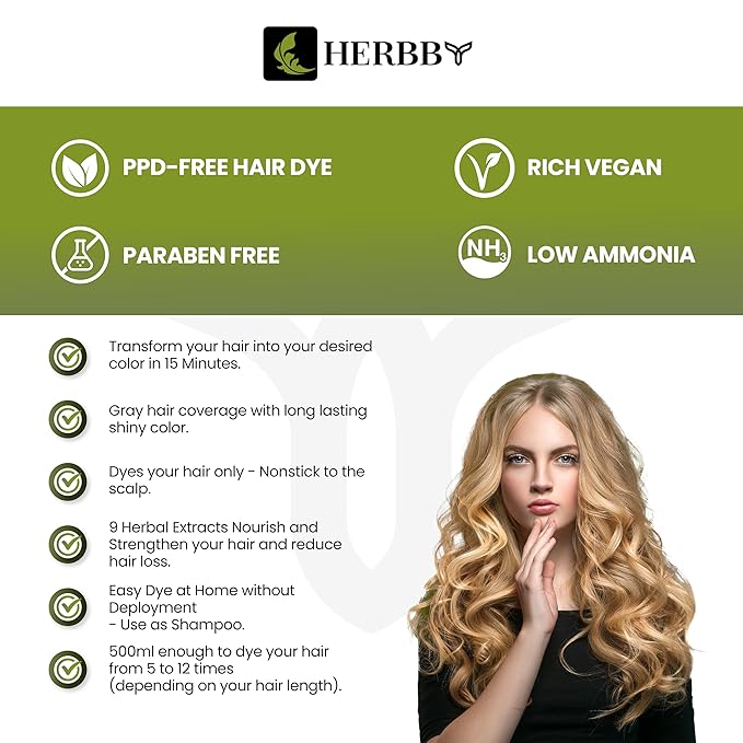 HERBBY Hair Color Shampoo for Gray Hair Coverage&Color Transform with 9 Herbal Extracts –Long Lasting(6-8 Weeks),Shiny,Evenly Colored,Instant Hair Dye Shampoo&Conditioner, 500 Ml (BLONDE BROWN COLOR)