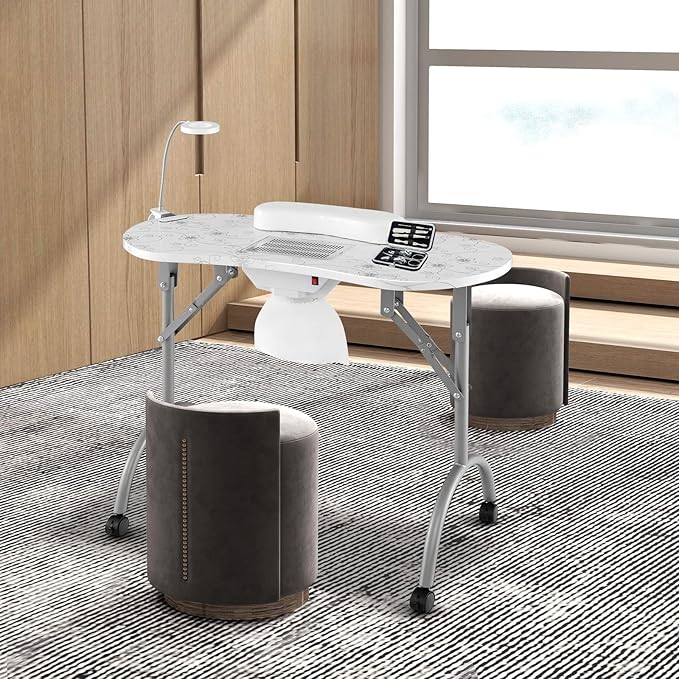 Giantex Nail Table for Nail Tech, Portable Manicure Table with Electric Dust Collector, USB-Plug LED Lamp, Wrist Rest, 4 Lockable Wheels, Foldable Nail Desk with Carry Bag (White)