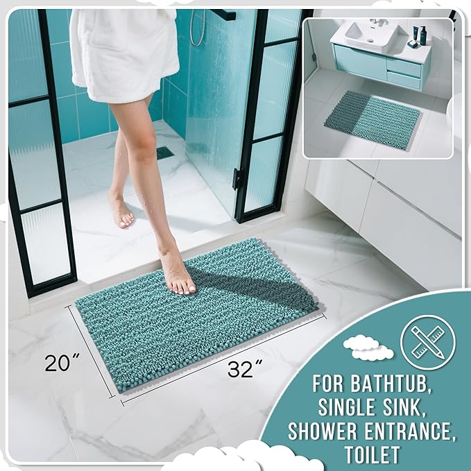 Yimobra Bathroom Rugs Non Slip Washable 32x20 Inch - Ultra Soft Absorbent Chenille Bath Mat, Quick Dry Shaggy Floor Carpet for Tub Shower, Teal Blue Home Decor Accessories