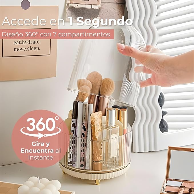 Makeup organizers – A set of 25 transparent plastic organizers in four sizes, ideal for makeup, jewelry, and cosmetics. Includes a rotating brush organizer.