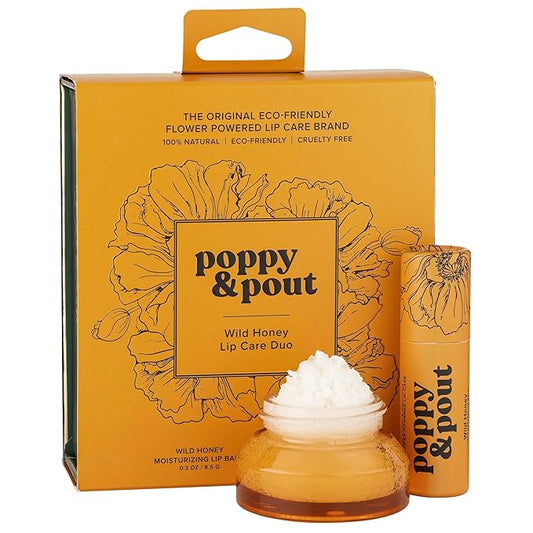 Poppy & Pout Lip Care Set | Lip Balm & Scrub | Sustainable Cardboard Tubes & Glass Jars, All Natural, Beeswax, Coconut Oil, Cruelty Free, Exfoliating & Moisturizing Lip Treatment (Wild Honey)