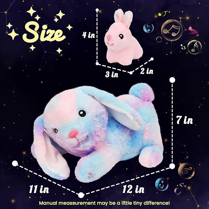 Hopearl LED Musical Stuffed Bunny Light up Singing Plush Toy Playset Mommy Rabbit with 3 Baby Bunnies in her Tummy Adjustable Volume Lullaby Animated Soothe Gifts for Kids Toddler Girls, Rainbow, 12''