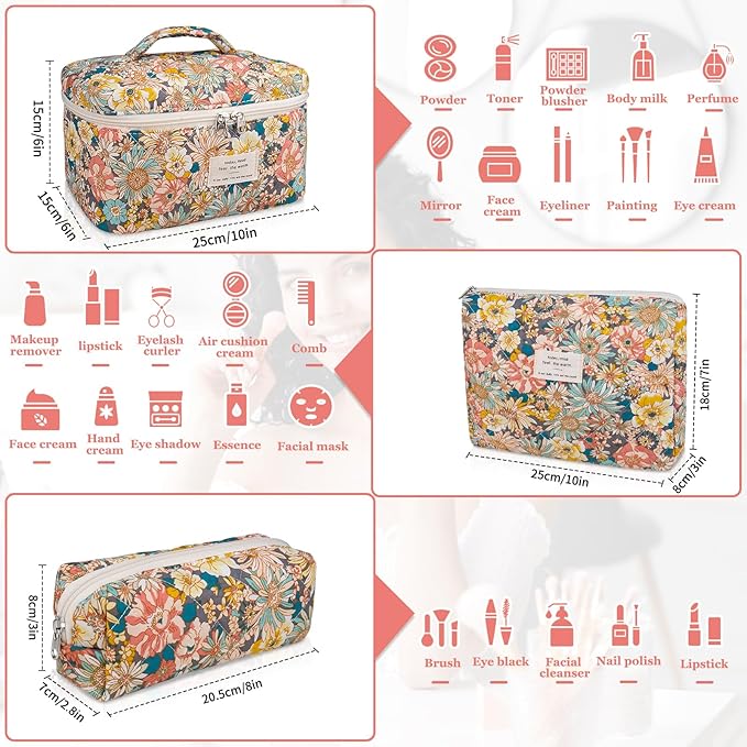 Makeup Bag Set, Quilted Makeup Bag, Large Floral Cosmetic Bag for Women, Cute Cotton Makeup Bags, Flower Travel Toiletry Organizer Bag (South Twigs Flower)