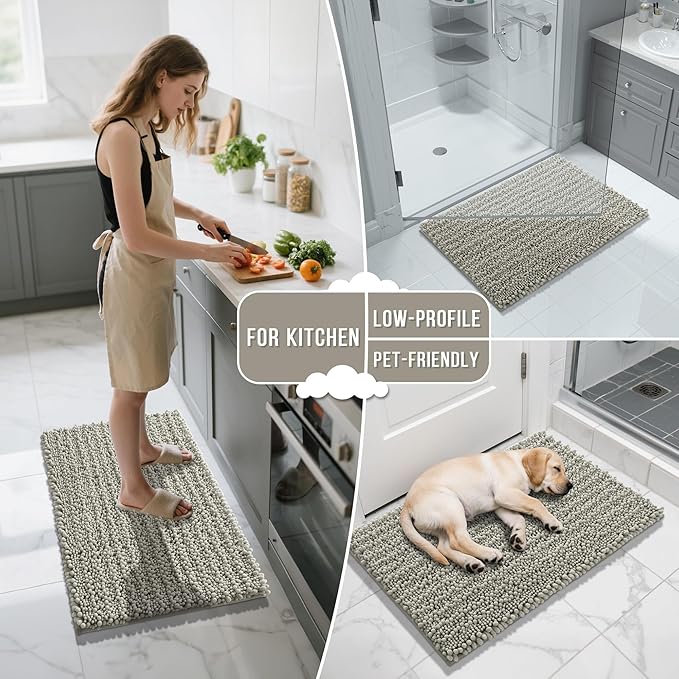 Yimobra Bathroom Rugs Non Slip Washable 32x20 Inch - Ultra Soft Absorbent Chenille Bath Mat, Quick Dry Shaggy Floor Carpet for Tub Shower, Sand Home Decor Accessories