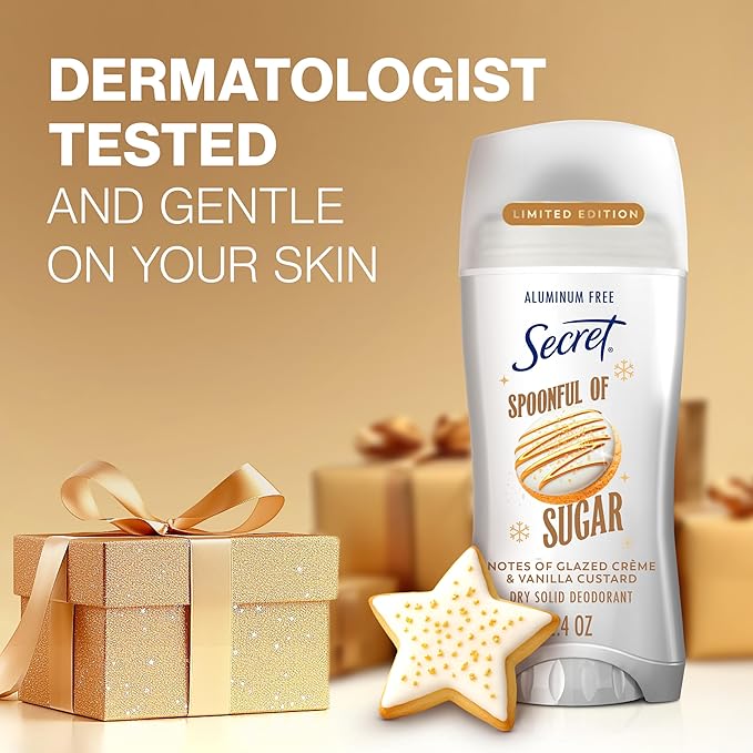 Secret Aluminum Free Deodorant for Women, 48hr Odor Protection with Pro-Hyaluronic Acid, PH Balancing Minerals, Holiday Dry Solid, Spoonful of Sugar with Glazed Crème & Vanilla Custard Scent, 2.4 oz