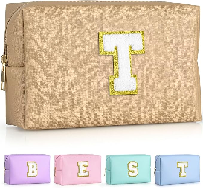 TOPEAST Preppy Stuff for Girls, Initial Makeup Bag Chenille Letter Pouch Cosmetic Bag with Zipper, PU Leather Waterproof Toiletry Bag, Cute Stuff Birthday Gift for Friends Sister (Khaki T)