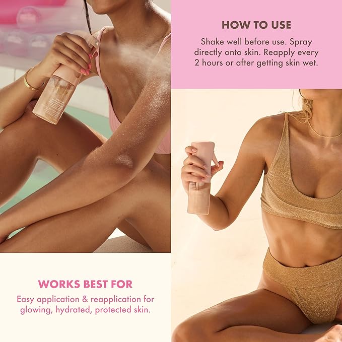 Kopari Rose Gold Sunglaze Sheer Body Mist Sunscreen SPF 42, Infused with Shimmering Body Oil, Hydrating Mist, Hydrates, Brightens, Makeup Friendly, Gives Skin a Glowy Finish, Lightweight,