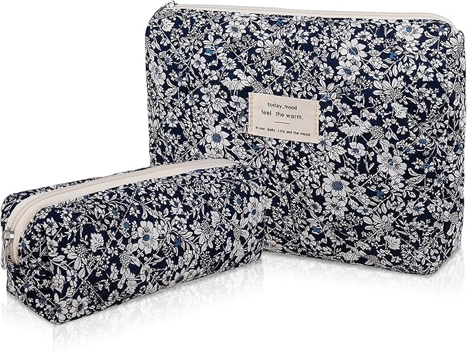 2PC Makeup Bag Set, Cute Cosmetic Bag for Women Girls, Floral Coquette Aesthetic Toiletry Bag, Travel Make Up Organizer Bag (Black Rose)