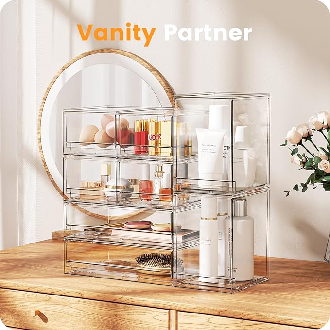 A-LuGei 【𝟰𝗣𝗖𝗦】 Acrylic Stackable Storage Drawers, 7.5" L Makeup Organizer, Bathroom Organizer and Storage, Plastic Storage Bins for Kitchen Cabinet Pantry Medicine Fridge