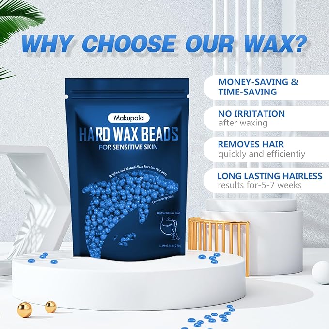 0.6 lb Hard Wax Beads for Hair Removal, Brazilian Waxing Beads for Sensitive Skin Bikini Body Face Nose Coarse and Fine Hair, 9.6 oz Blue Stripless Wax Bean, Women Men Beginner-Friendly Home