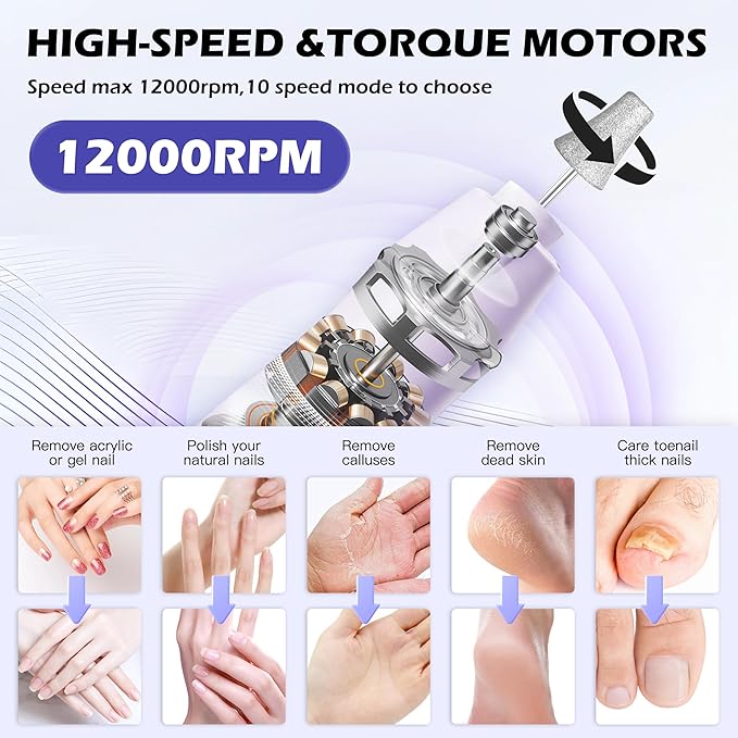 Professional Manicure Pedicure Kit Electric Nail Grinder,10 Speeds Cordless Nail Drill with LED Light, Nail File with LED Display,Wider Grinder for Toenail Hand Feet Care for Women Men