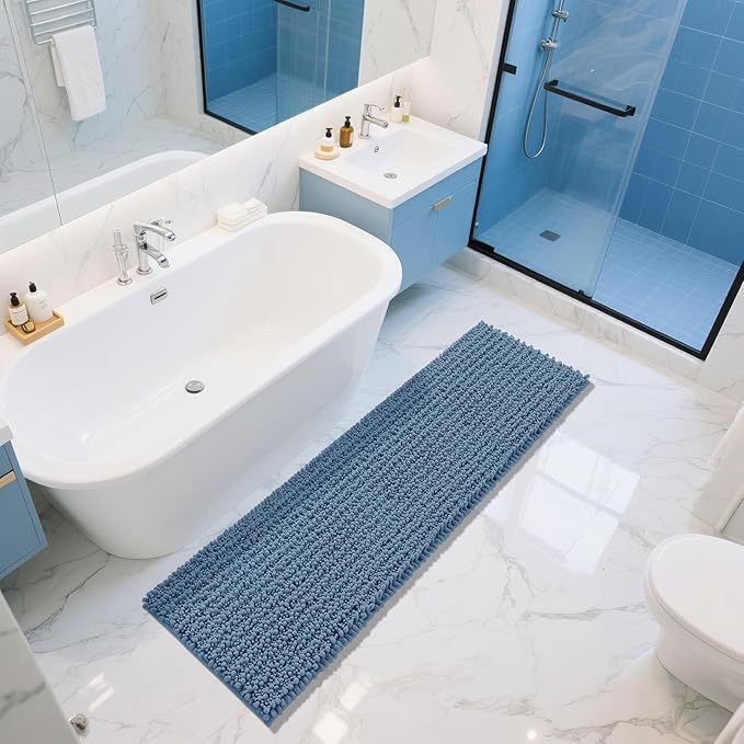 Yimobra Bathroom Runner Rug 70x24 Inch - Extra Long Non Slip Chenille Bath Mat, Soft & Absorbent, Machine Washable Shaggy Hallway Carpet for Vanity Tub Shower, Denim Blue Home Decor Accessories