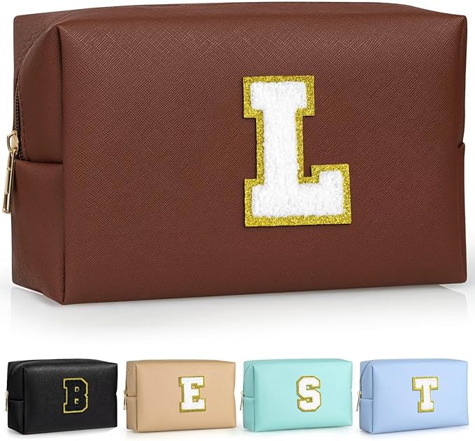 TOPEAST Personalized Birthday Gifts for Women, Preppy Patch Makeup Bag, Chenille Letter Pouch Cosmetic Bag, Travel Organizer, Gifts for Friends, Cute Stuff for Women (Brown L)