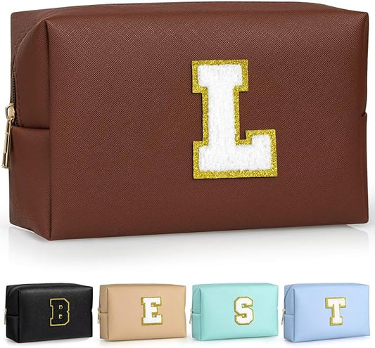 TOPEAST Personalized Birthday Gifts for Women, Preppy Patch Makeup Bag, Chenille Letter Pouch Cosmetic Bag, Travel Organizer, Gifts for Friends, Cute Stuff for Women (Brown L)