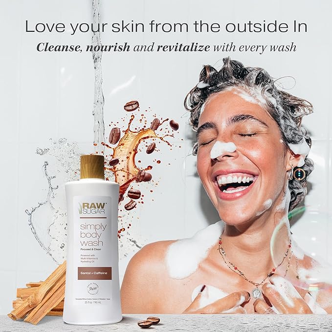 RAW SUGAR Simply Body Wash - Santal + Caffeine, Moisturizing & Soothing Bath & Shower Gel, Sulfate-Free, Paraben-Free & Vegan (25 Fl Oz, Pack of 1)