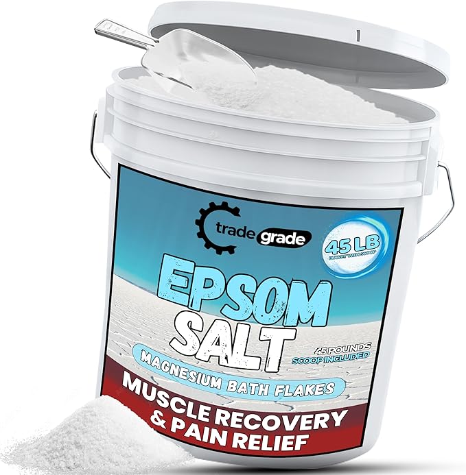 Epsom Salt Bath Soak 45 lb Bucket – Unscented, Pure Epsom Salt Bulk Crystals, Magnesium Sulfate for Full Body or Foot Soaks, Resealable Container with Scoop for Home Bath Use