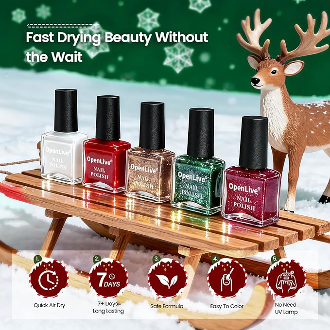 Christmas Nail Polish Set 10 Colors and Base Coat and Top Coat Red Green Glitter Gold Silver Nail Polish Kit Quick Dry Manicure Nail Art Manicure DIY Home Salon Gift for Women Girls