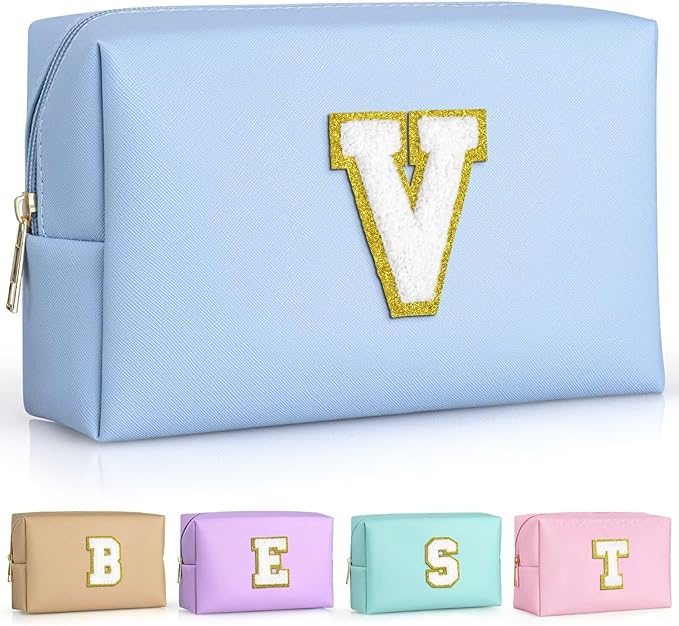 TOPEAST Initial Makeup Bags for Women, Personalized Portable Cosmetic Bag for Travel, Cute Makeup Pouch, PU Leather Waterproof Toiletry Bag, Preppy Things for Girl (Sky Blue V)