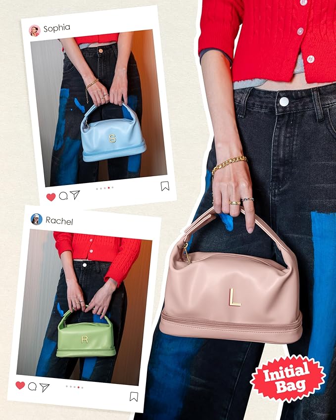 Travel Gifts Initial Cosmetic Bags Personalized Bags with Handle, Double Layer Makeup Bag, Large Capacity PU Leather Makeup Bags Letter Travel Toiletry Bag with Makeup Brush Organizer