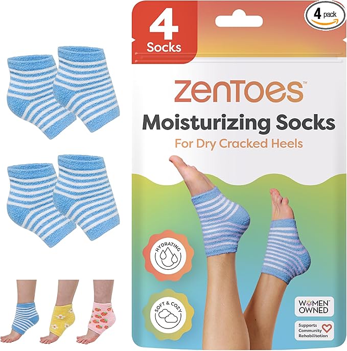 ZenToes Moisturizing Socks for Cracked Heel Treatment, Vitamin E, Olive Oil and Jojoba Oil Heel Socks, Stocking Stuffers for Women, Spa Self Care Gifts for Women (Blue & White Stripes, Regular)