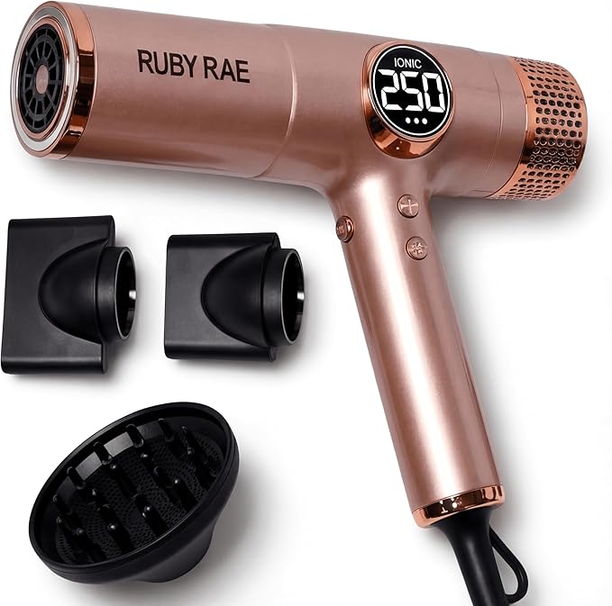 RUBY RAE Ionic Hair Dryer 2000W, Professional Dual Voltage Blow Dryer with Diffuser, Lightweight Design, Fast Drying, Low Noise Technology, 3 Magnetic Attachments Suitable for All Hair Types
