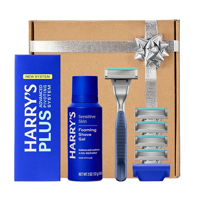 HARRY'S PLUS: Shaving Kit for Men – Gift Box with Premium Handle, 5 Razor Blade Cartridges, 2 oz Foaming Shave Gel & Travel Cover, Advanced Pivoting System – Tide