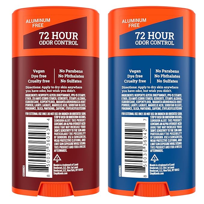 Mando Whole Body Deodorant For Men - Smooth Solid Stick - 72 Hour Odor Control - Aluminum Free, Baking Soda Free, Skin Safe - 2.6 Ounce (Pack of 2) (Bourbon Leather & Pro Sport)