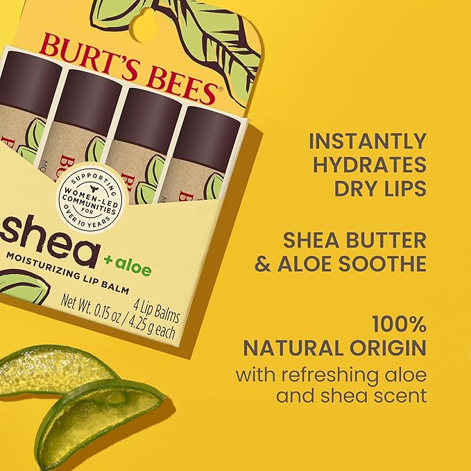 Burt's Bees Shea + Aloe Lip Balm Stocking Stuffers Christmas Gifts, Antioxidant Vitamin Rich Formula Locks in Moisture for Instant Hydration, Natural Smoothing Lip Treatment for After Sun Care(4-Pack)