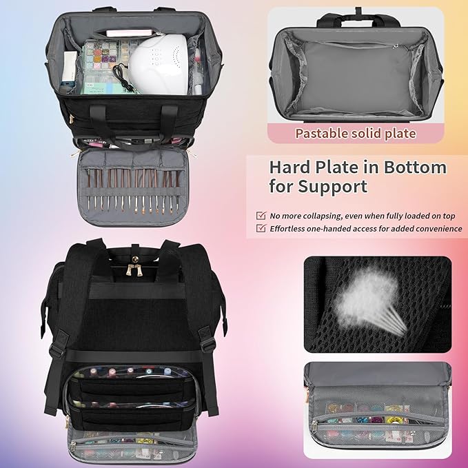 LTINVECK Nail Polish Organizer Case Backpack Holds 70 Bottles (15ml/0.5fl.oz)& Nail Lamp, 2 Layers Detachable Nail Kit Storage Case, Large Travel Nail Supplies Shoulder Bag for Manicure Tools (black)