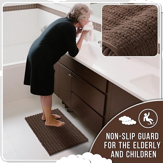 Yimobra Bathroom Runner Rug 60x24 Inch - Extra Long Non Slip Chenille Bath Mat, Soft & Absorbent, Machine Washable Shaggy Hallway Carpet for Vanity Tub Shower, Brown Home Decor Accessories