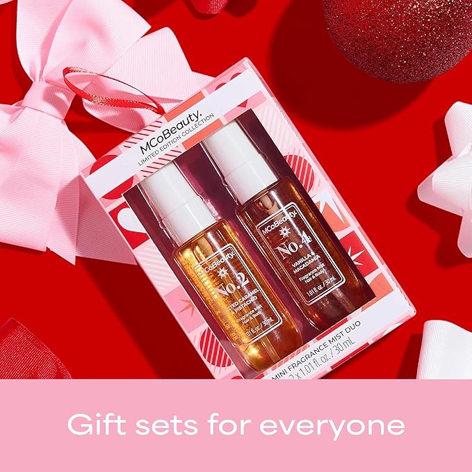 MCoBeauty - Mini Fragrance Mist Duo, No. 2 & No. 4, Limited Edition Travel-Size Body & Hair Perfume Sprays with Pistachio & Caramel Notes, Holiday Collection, Cruelty Free Fragrance Gift Set