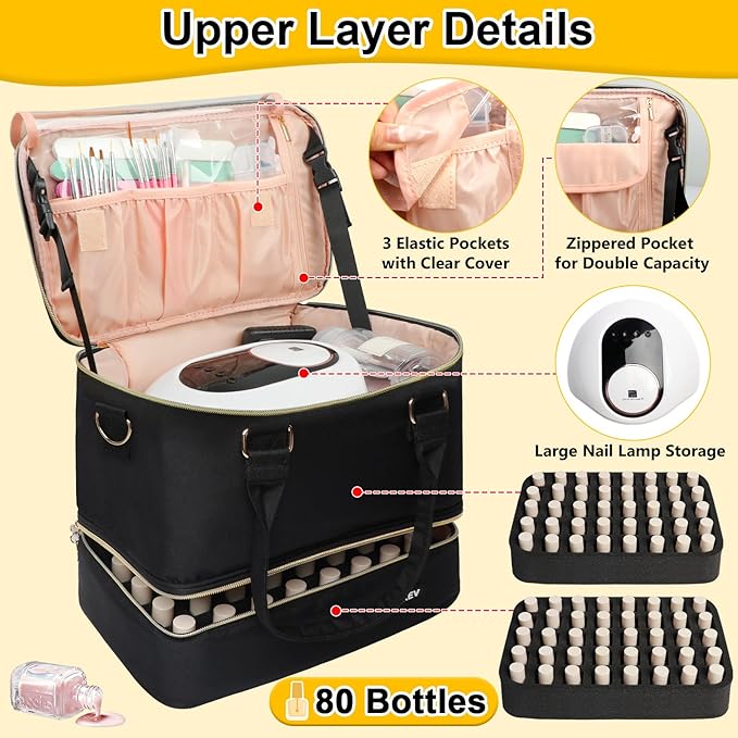 Nail Polish Organizer Hold 80 Bottles (15ml/0.5 fl.oz)& Nail Lamp, Double Layer Nail Bag Organizer Case with Handle, Large Nail Supplies& Kit Storage Case for Women Travel (Black& Golden)