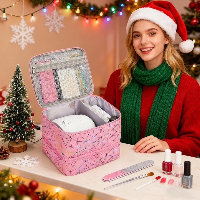 Ethereal Nail Polish Organizer Case, Holds 32+ Bottles(15ml/0.5fl.oz) and Nail Lamp, Double Layer Nail Polish Storage Bag for Nail Kit, Manicure Tools, Gifts for Girls