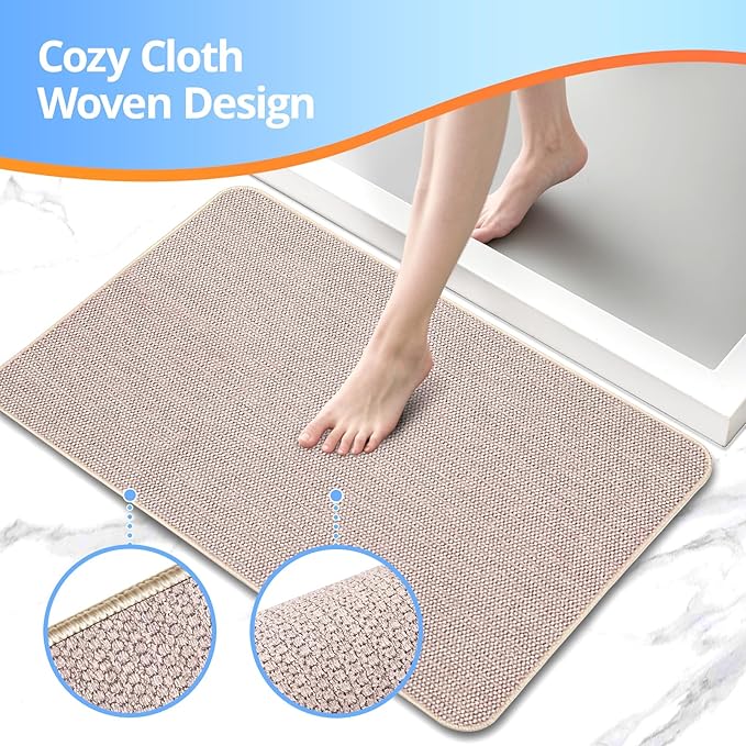 2 Pack Bathroom Rugs 17x27Inch, Thin Bath Mat with Rubber Backing Non-Slip, Absorbent,Quick Dry Machine Washable, Home Decor Accessories Cozy Cloth Bathroom Mat fit Under Door/Sink/Tub/Shower-Biege