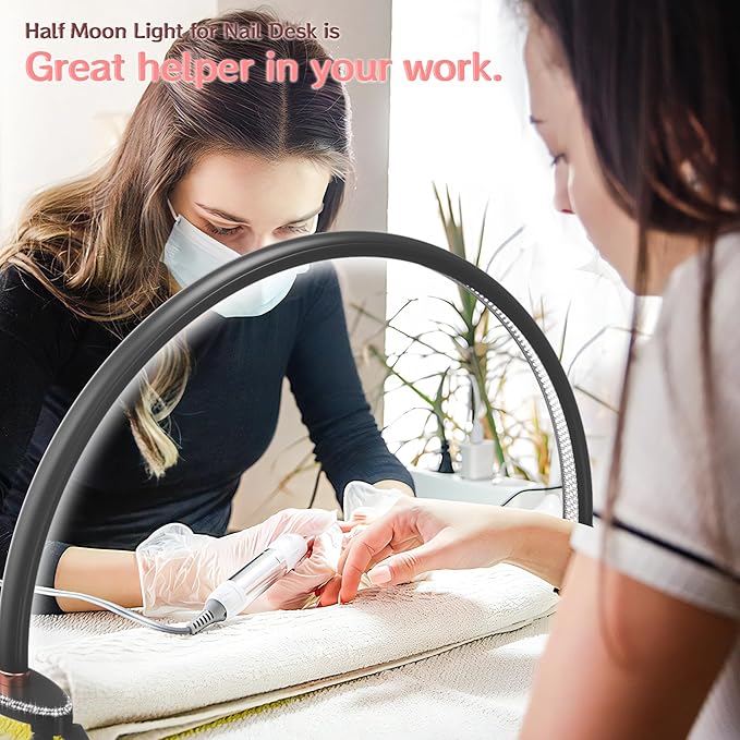 Half Moon Light for Nail Desk, Black Nail Tech Desk Lamp with Stepless Dimming, 3 Color Temperature, for Manicure, Tattoos, Eyebrows, Beauty