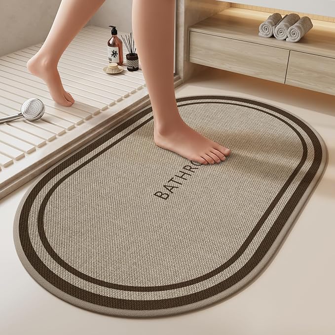 Non-Slip Bath Mat with Upgraded Rubber-Backing, Washable Thin Bath Mats for Bathroom Floor, Absorbent Woven Bathroom Rugs, Quick Dry, Fits Under Door, 20x32, Border Brown