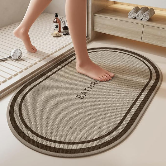 Non-Slip Bath Mat with Upgraded Rubber-Backing, Washable Thin Bath Mats for Bathroom Floor, Absorbent Woven Bathroom Rugs, Quick Dry, Fits Under Door, 16x24, Border Brown